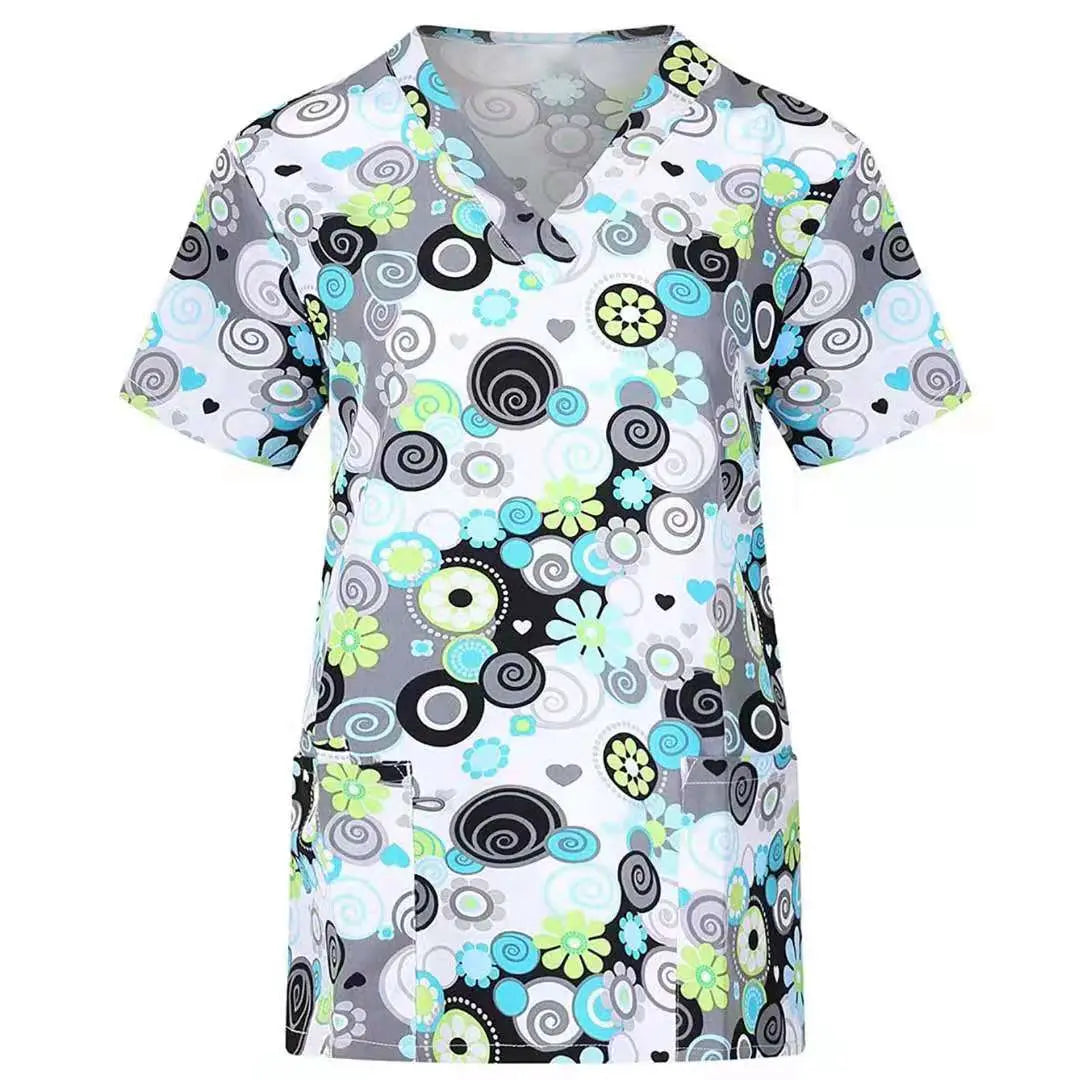 Printed nurse scrub top by Showlu Fashion Store featuring breathable fabric, hospital and dental pattern, and a professional uniform shirt.