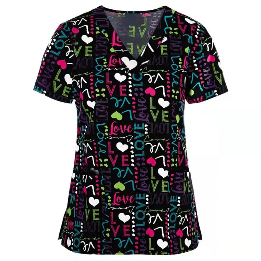 Printed nurse scrub top by Showlu Fashion Store featuring a breathable hospital and dental uniform shirt with a colorful pattern.