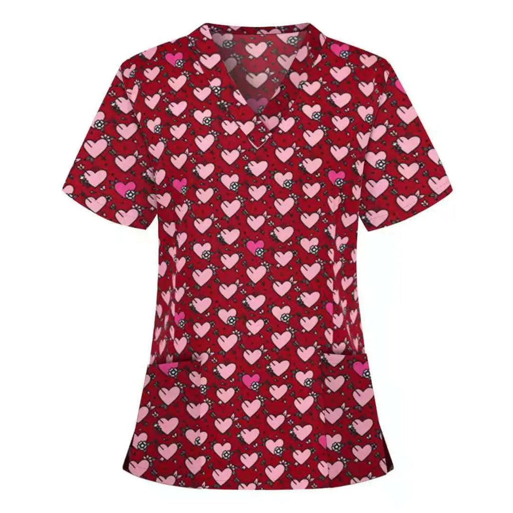 Printed nurse scrub top by Showlu Fashion Store featuring breathable fabric and a hospital dental pattern.