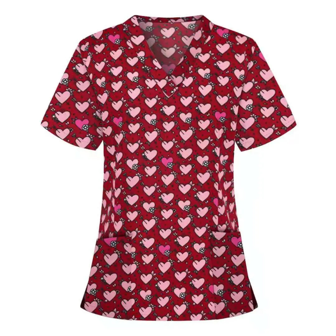 Printed nurse scrub top by Showlu Fashion Store featuring breathable fabric and a hospital dental pattern.