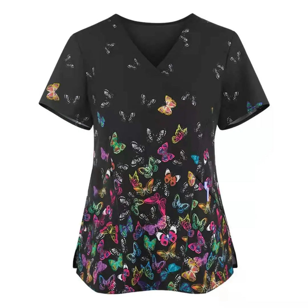 Printed nurse scrubs top by Showlu Fashion Store featuring breathable fabric and hospital dental staff pattern.