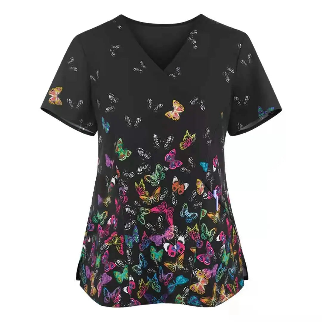Printed nurse scrubs top by Showlu Fashion Store featuring breathable fabric and hospital dental staff pattern.