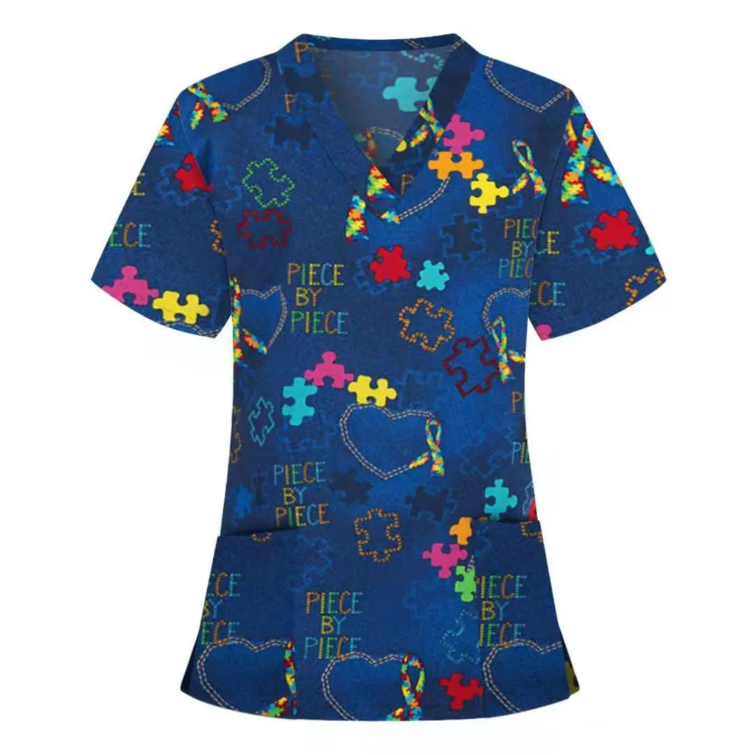 Showlu printed nurse scrubs top with breathable fabric and floral pattern, designed for hospital and dental staff uniform.