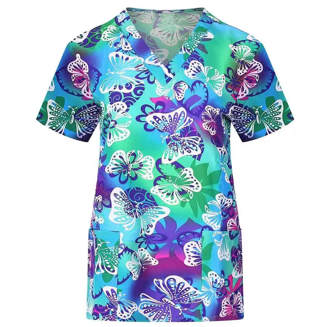 Showlu printed nurse scrubs top with breathable fabric and colorful hospital dental staff pattern, suitable for medical professionals.