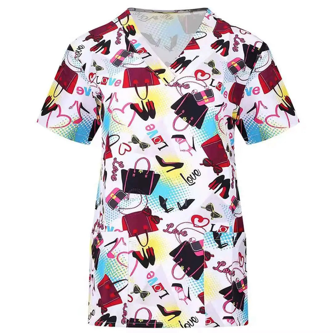 Showlu printed nurse scrubs top with breathable fabric and colorful hospital and dental pattern for healthcare staff uniform.