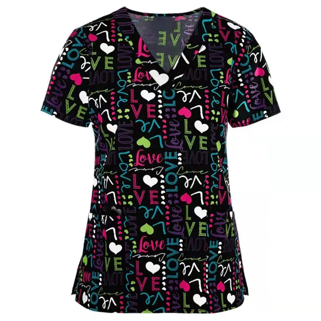 Printed Showlu nurse scrubs top with breathable fabric and colorful hospital and dental pattern, designed for healthcare staff.