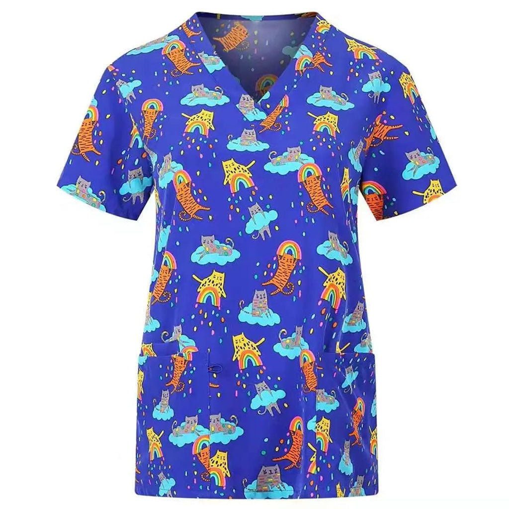 Printed nurse scrubs top by Showlu Fashion Store featuring breathable fabric and colorful hospital and dental staff pattern.
