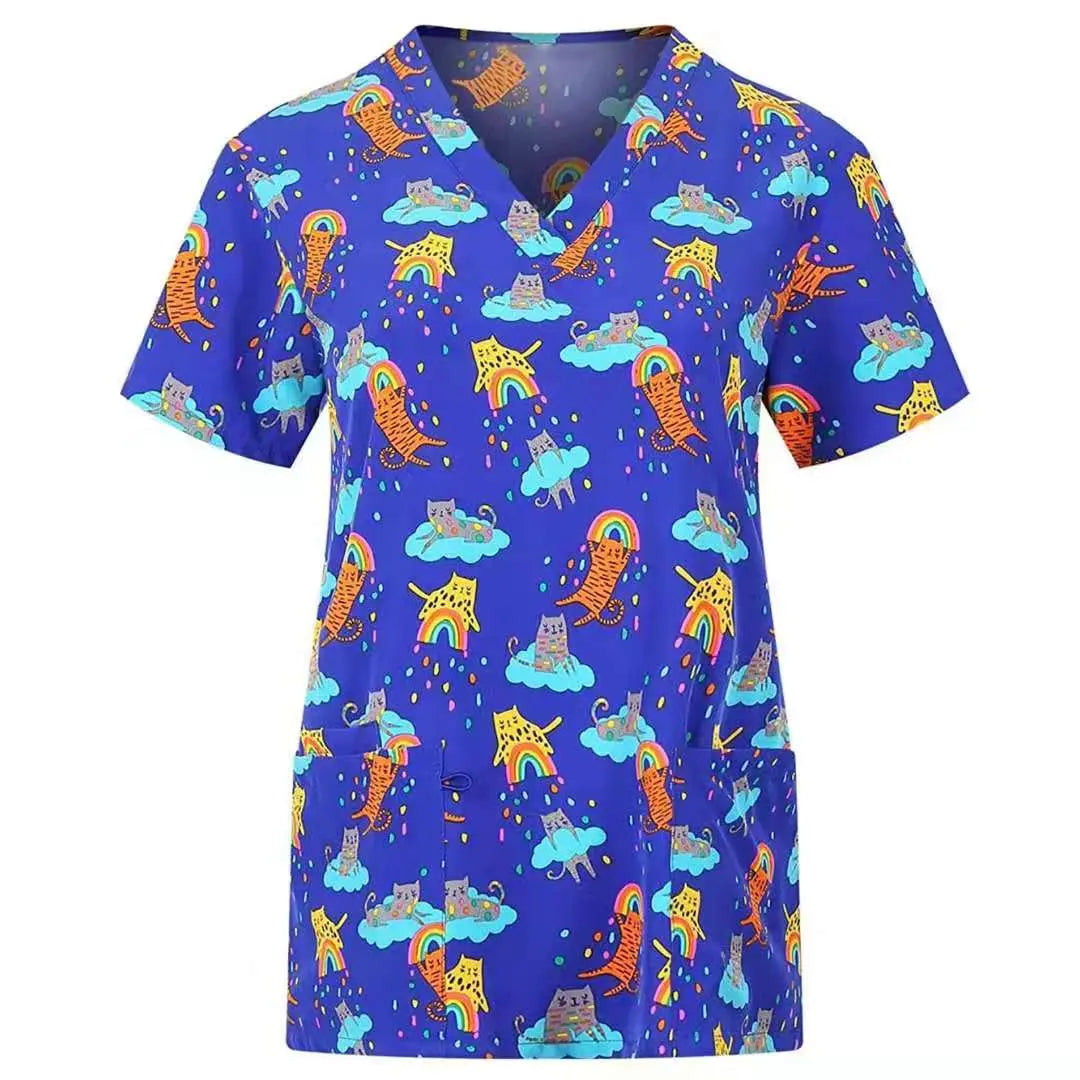 Printed nurse scrubs top by Showlu Fashion Store featuring breathable fabric and colorful hospital and dental staff pattern.