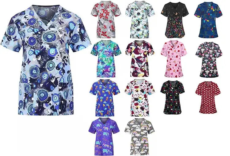 Printed nurse scrub top by Showlu Fashion Store featuring breathable fabric and a hospital dental staff pattern.