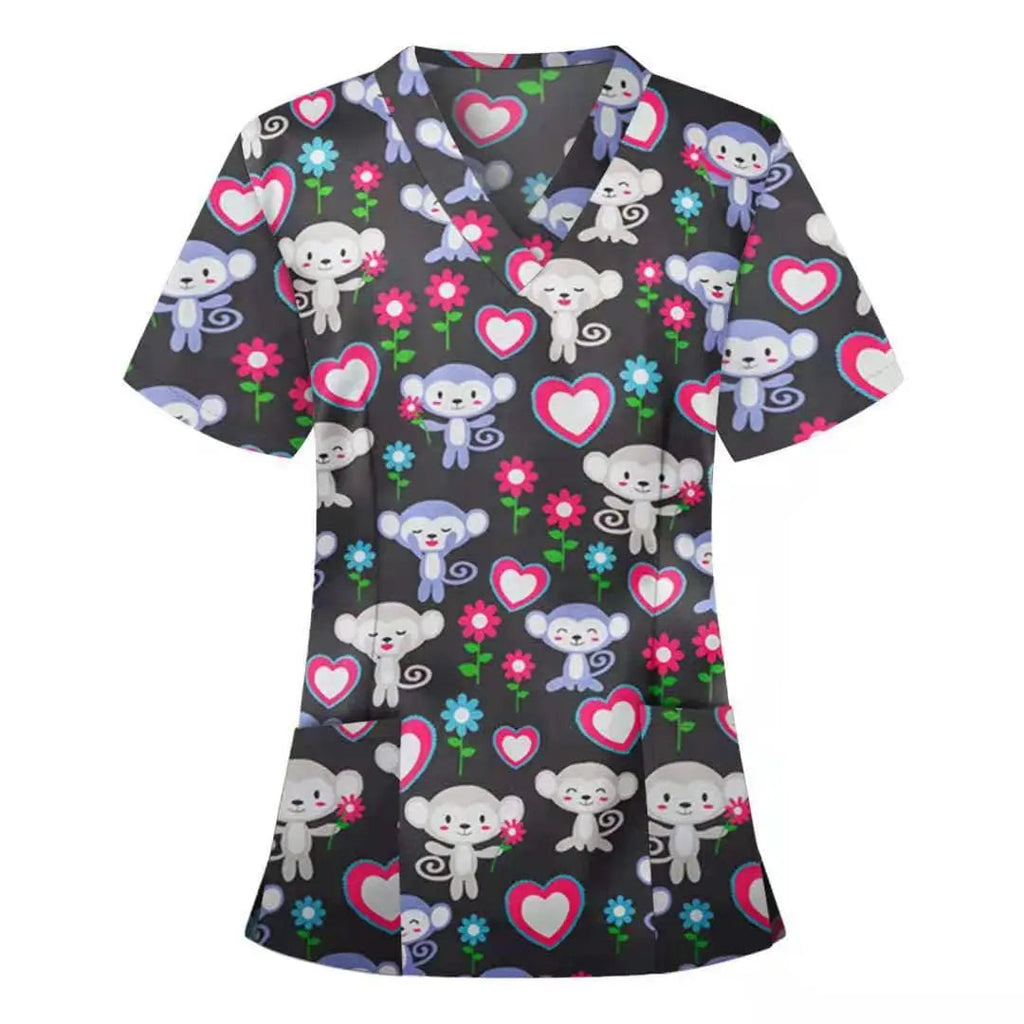 Showlu printed nurse scrubs top with breathable fabric, featuring a hospital and dental-themed pattern for healthcare staff.