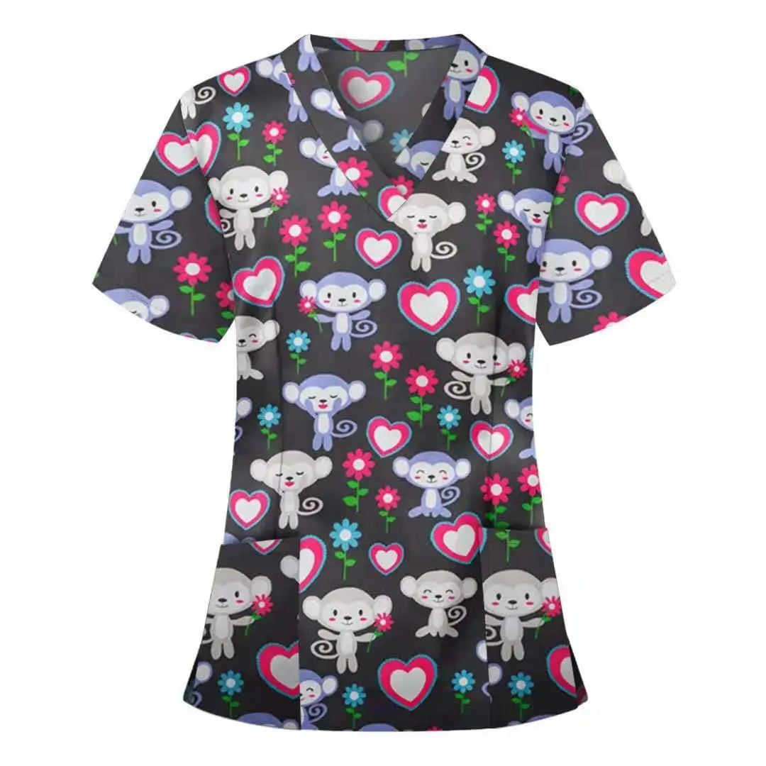 Showlu printed nurse scrubs top with breathable fabric, featuring a hospital and dental-themed pattern for healthcare staff.