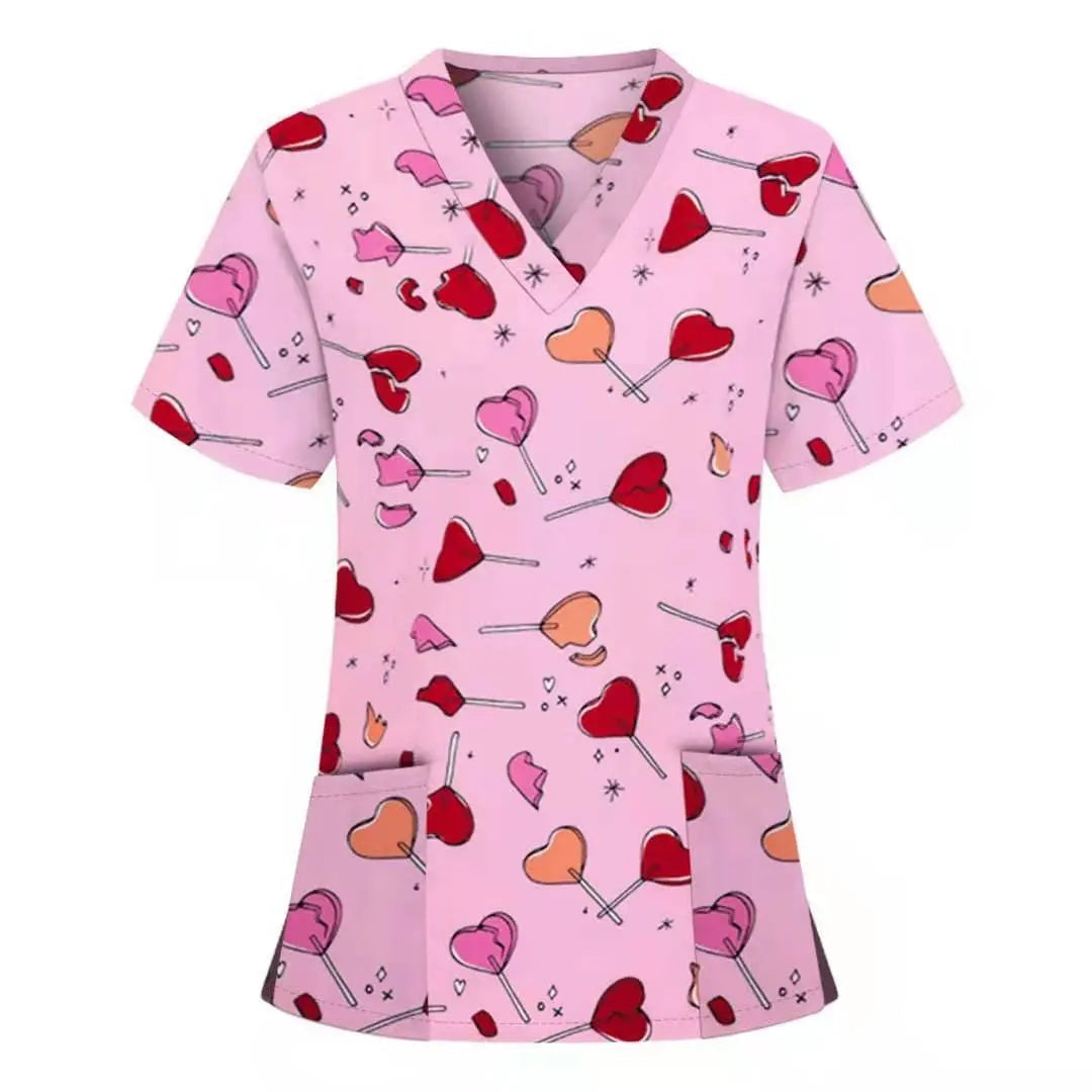 Printed nurse scrubs top by Showlu Fashion Store, breathable hospital and dental staff uniform with patterned design.