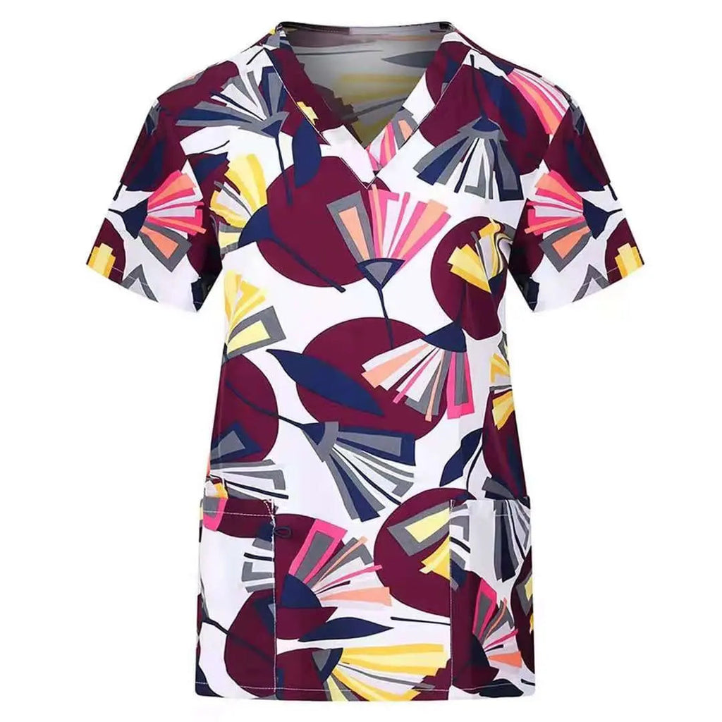 Printed nurse scrubs top by Showlu Fashion Store featuring a breathable hospital and dental staff uniform with a stylish pattern.