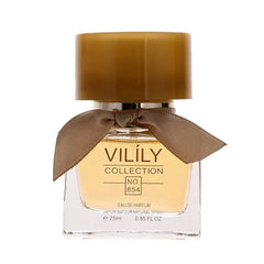 A small square glass bottle of Vilily Collection perfume with a brown cap and ribbon.