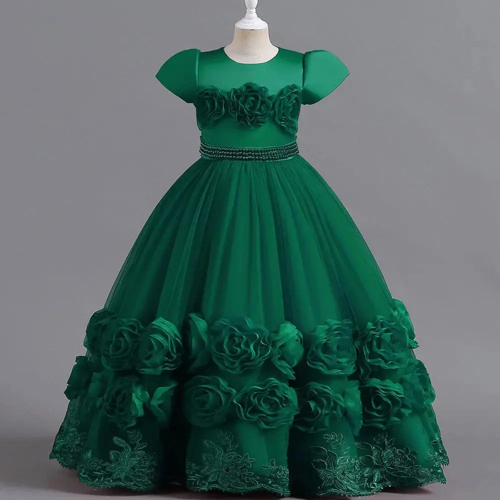 Pink flower girl ball gown with puffy skirt and floral details, perfect for pageants, parties, or weddings, by Showlu Fashion Store.