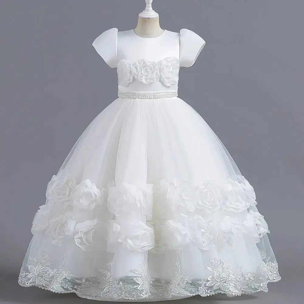 Puffy flower girl ball gown by Showlu Fashion Store featuring a princess-style dress with floral details for pageants and parties.