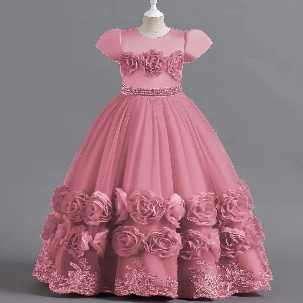 Puffy flower girl ball gown by Showlu Fashion Store featuring a princess-style dress with floral embellishments for children.
