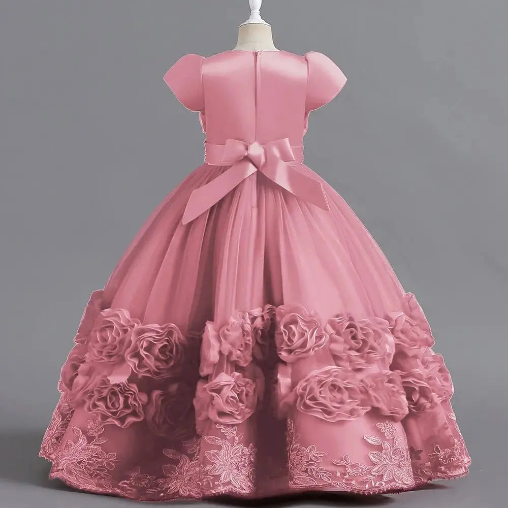 Pink puffy flower girl ball gown with floral details, perfect for princess pageants, parties, and weddings, by Showlu Fashion Store.