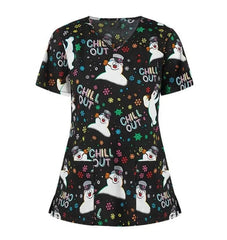 Black V-neck scrub top featuring a snowman print and Chill Out text with colorful snowflakes.