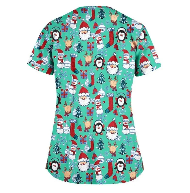 QH Christmas nursing scrubs top by Showlu Fashion Store, unisex printed stretch uniform suit with festive holiday pattern.