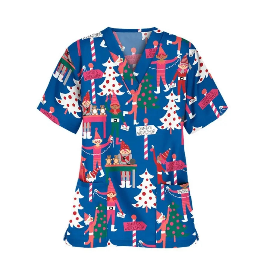 QH Christmas nursing scrubs top by Showlu Fashion, unisex printed polyester-spandex stretch uniform suit with festive holiday pattern.