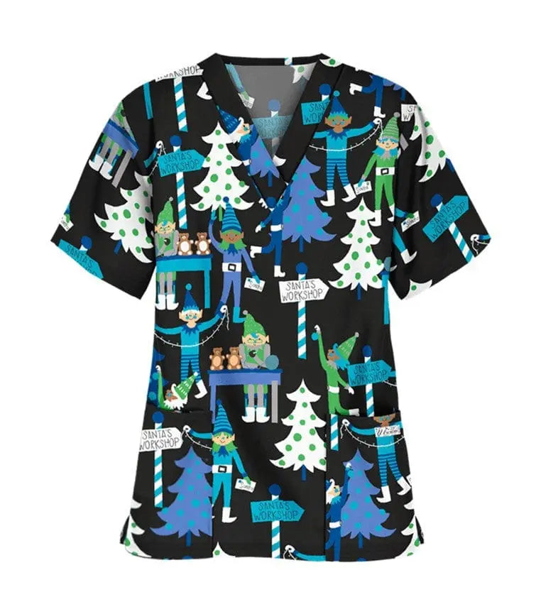 Unisex QH Christmas nursing scrubs top with festive printed pattern, made of stretchy polyester-spandex for comfortable uniform wear.