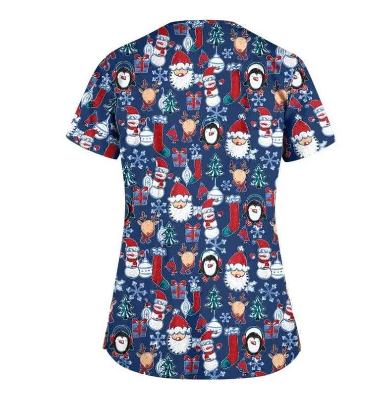 QH Christmas nursing scrubs top by Showlu Fashion, unisex printed stretch uniform shirt with festive holiday pattern in polyester spandex.