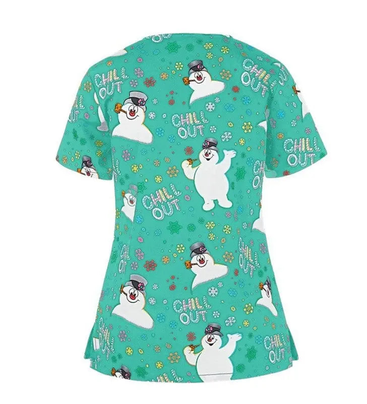 QH Christmas nursing scrubs top by Showlu Fashion Store, unisex printed stretch uniform suit with festive holiday pattern.