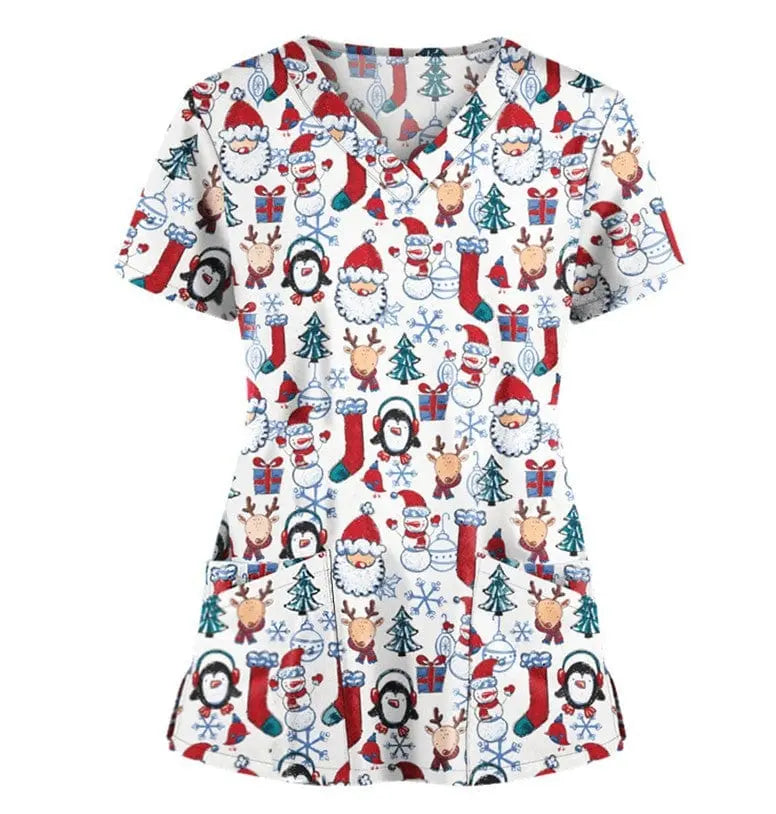 QH Christmas nursing scrubs top by Showlu Fashion, unisex printed stretch uniform suit with festive holiday pattern and polyester-spandex fabric.
