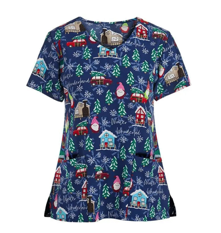 QH Christmas unisex nursing scrub top by Showlu Fashion with festive printed polyester-spandex pattern, stretch uniform suit for healthcare.