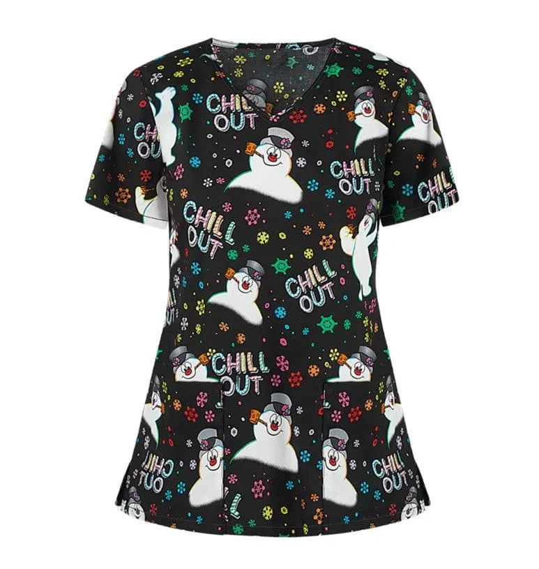 QH Christmas nursing scrubs top by Showlu Fashion, unisex printed stretch uniform suit with festive holiday pattern for medical professionals.