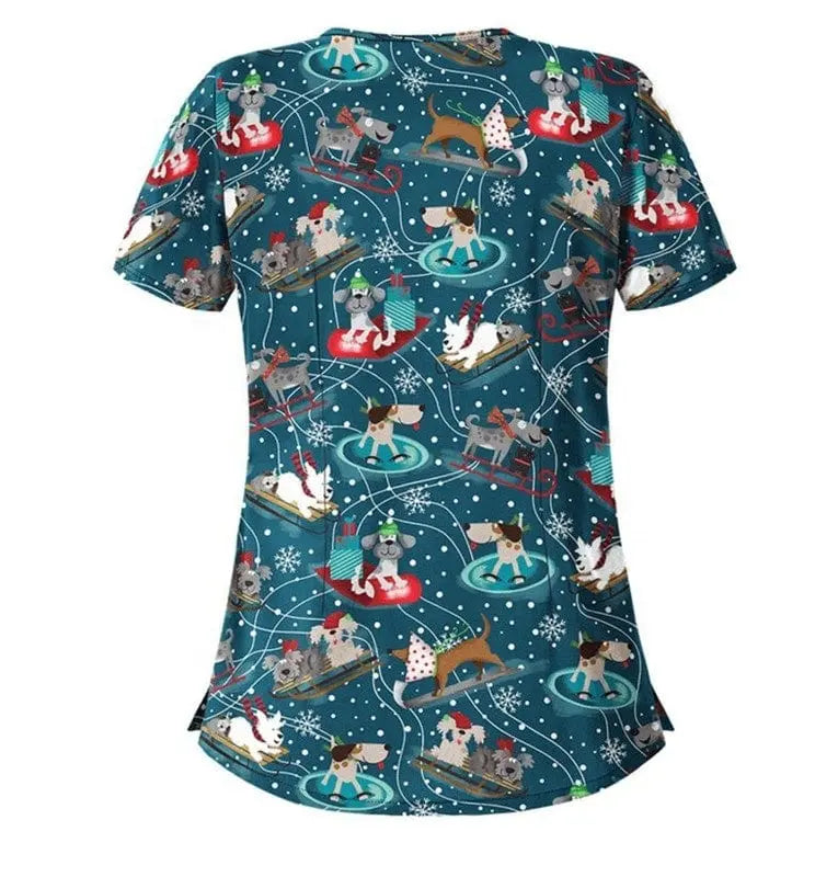 QH Christmas nursing scrubs top by Showlu Fashion, unisex printed polyester-spandex uniform suit with festive holiday pattern.
