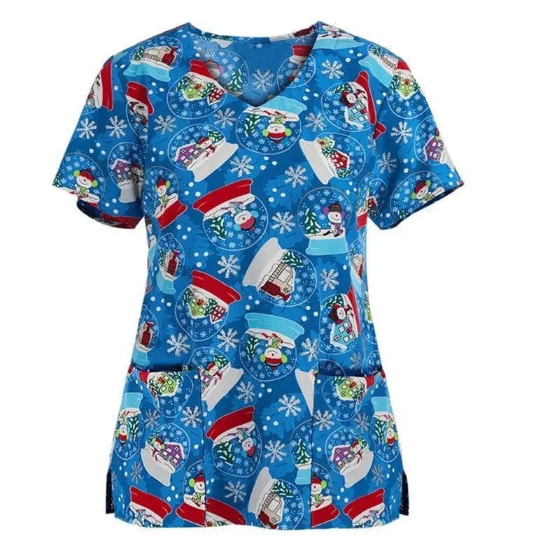 QH Christmas nursing scrubs top by Showlu Fashion, unisex printed stretch uniform suit with festive holiday pattern in polyester spandex.