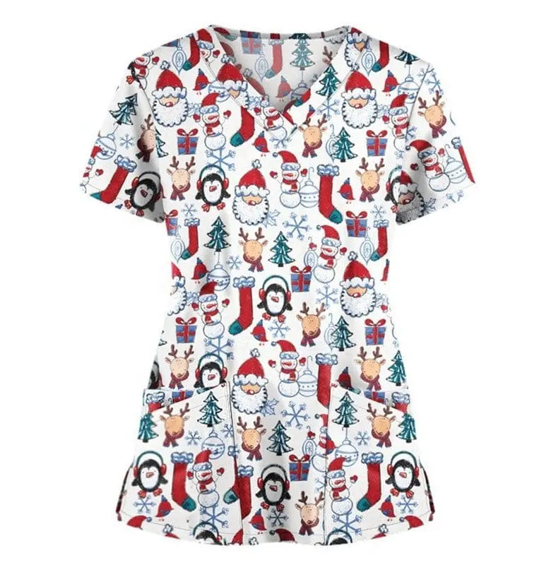 QH Christmas nursing scrubs top by Showlu Fashion, unisex printed stretch uniform suit with festive holiday pattern in polyester spandex