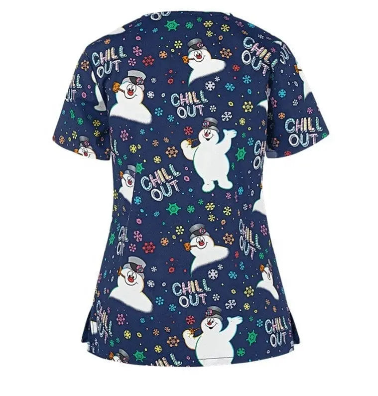 QH Christmas nursing scrubs top by Showlu Fashion, unisex printed stretch uniform suit with festive holiday pattern and polyester-spandex fabric