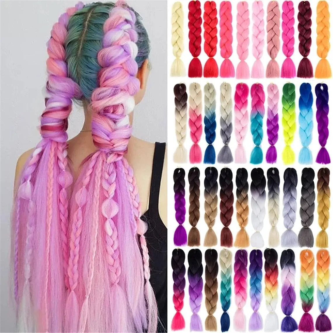 24-inch ombre pre-stretched Kanekalon jumbo braiding extensions by QP Hair, showcasing synthetic hair in layered ombre colors.