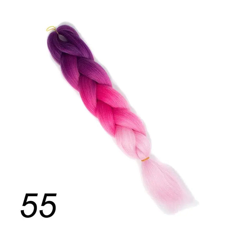 24-inch ombre pre-stretched Kanekalon jumbo braiding extensions by QP Hair, synthetic hair with colorful ombre gradient.