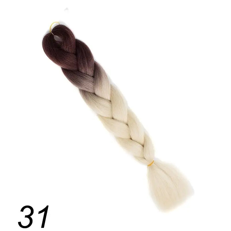 24-inch ombre pre-stretched Kanekalon jumbo braiding extensions from QP Hair, showing long, colorful synthetic hair braids.
