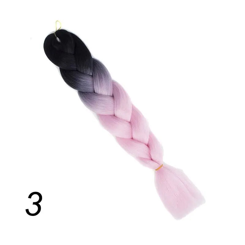 24-inch ombre pre-stretched Kanekalon jumbo braiding extensions in synthetic hair, shown in 100g bundles with natural braid appearance
