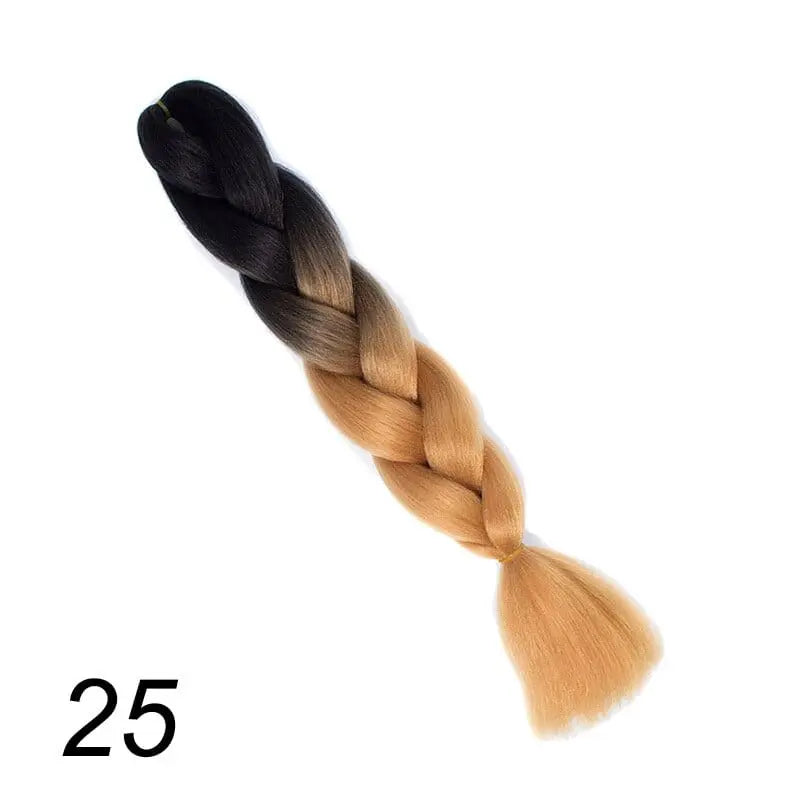 24-inch ombre Kanekalon jumbo braiding extensions from QP Hair, pre-stretched synthetic hair in a natural fall and vibrant color.