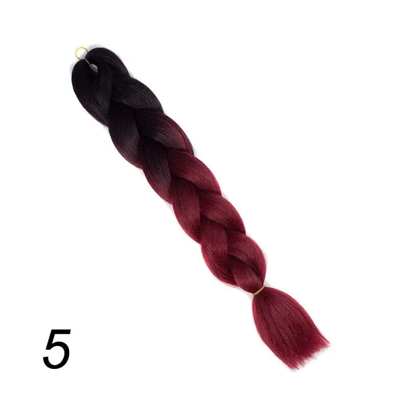 24-inch ombre pre-stretched Kanekalon jumbo braiding extensions by QP Hair, shown in natural black and highlighted ombre colors.