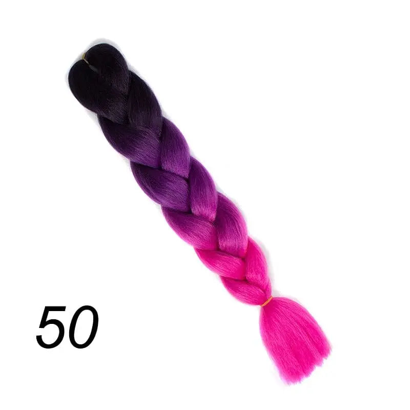 24-inch ombre pre-stretched Kanekalon jumbo braiding extensions by QP Hair, shown in natural hair and vibrant ombre colors.