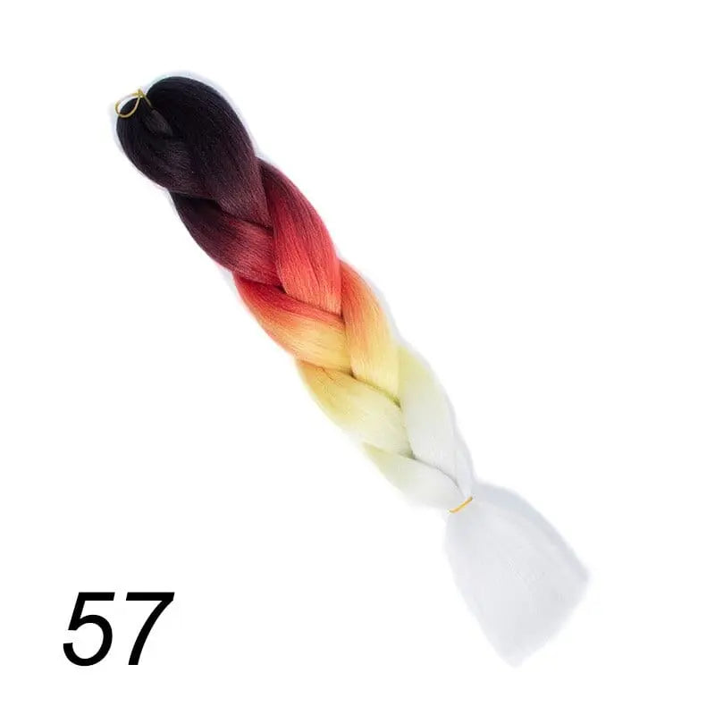 24-inch ombre pre-stretched Kanekalon jumbo braiding extensions by QP Hair, showing colorful synthetic hair bundles.