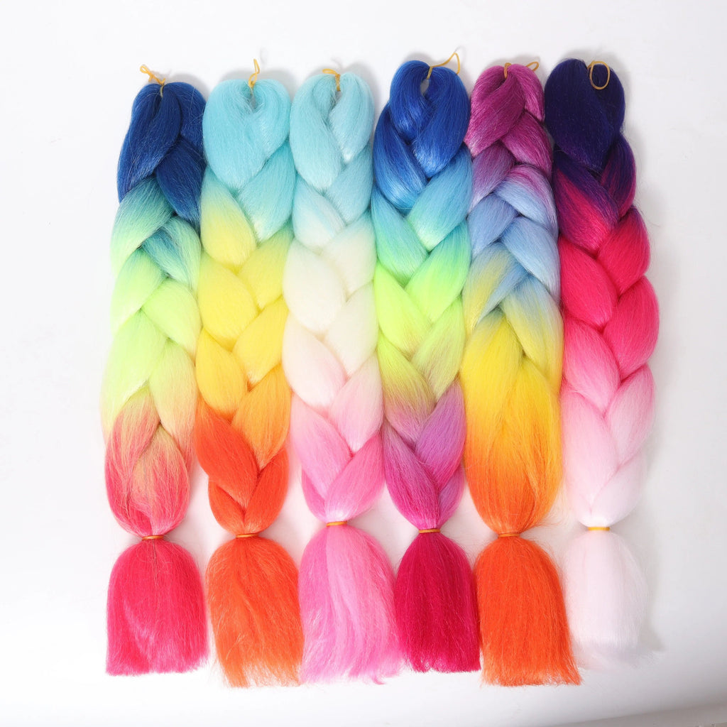 24-inch ombre pre-stretched Kanekalon jumbo braiding extensions from QP Hair, showing vibrant synthetic hair and textured braids.
