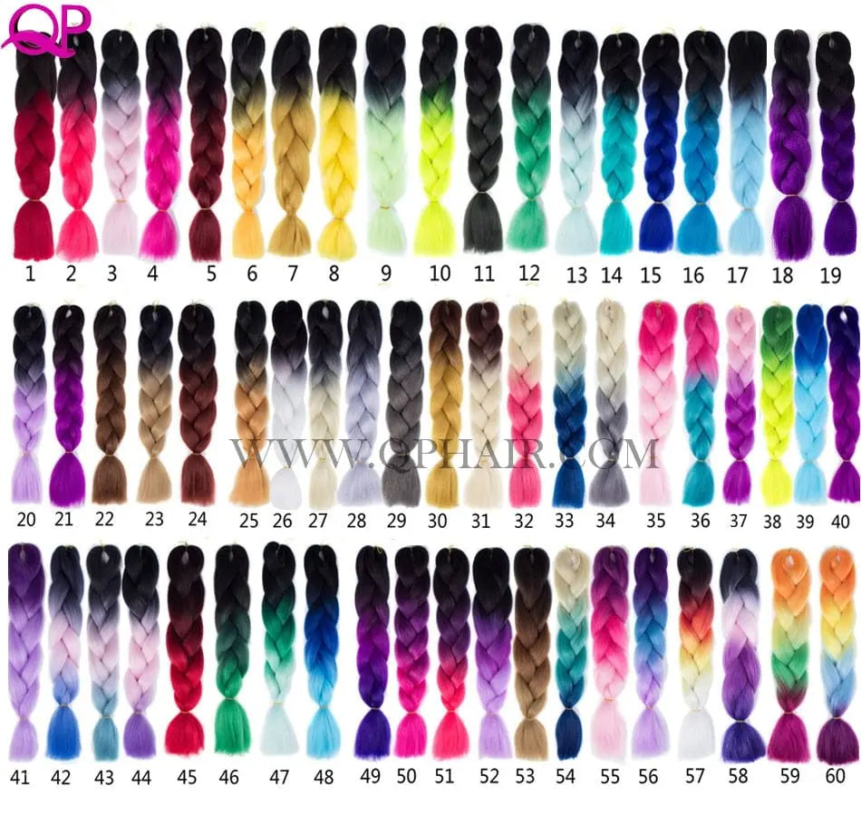 24-inch ombre pre-stretched Kanekalon jumbo braiding extensions by QP Hair, synthetic hair, shown in a natural braid style.