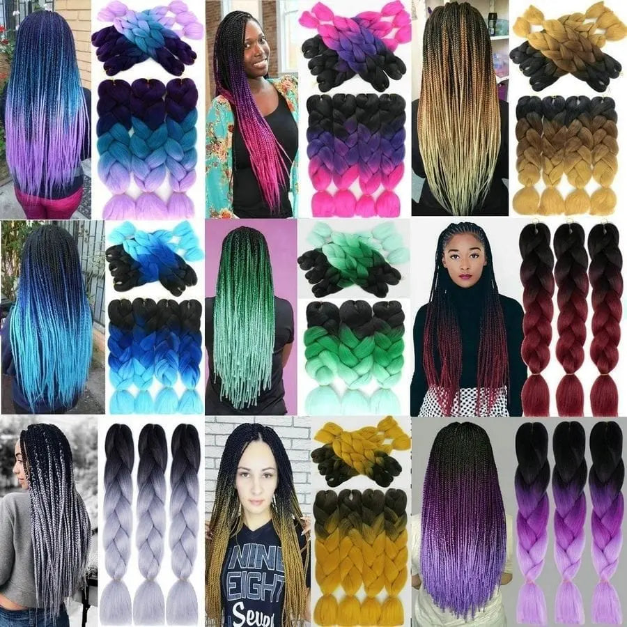 24-inch ombre pre-stretched Kanekalon jumbo braiding extensions from QP Hair, showing vibrant ombre color and thick braid texture.