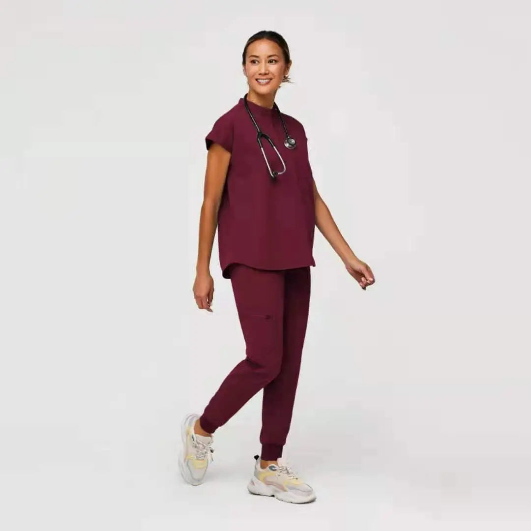 Showlu Medical Scrubs set with stretchy, quick-drying spandex fabric, anti-wrinkle jogger style for nurses and healthcare professionals.