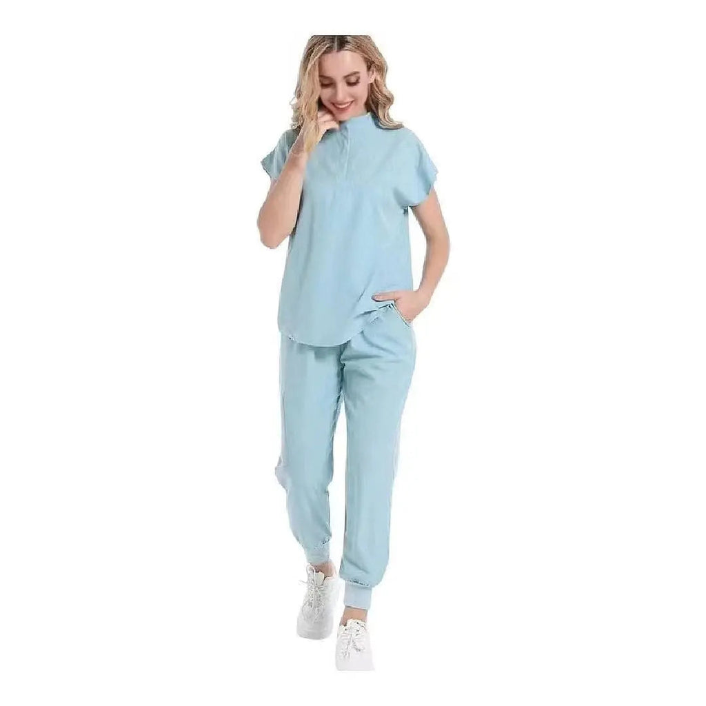 Showlu Medical Scrubs set featuring stretchy, quick-drying spandex fabric with anti-wrinkle jogger style for nurses and medical professionals.