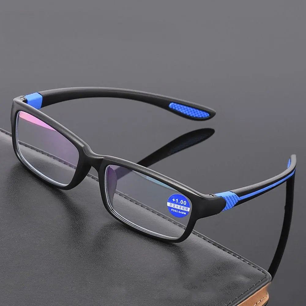 Unisex KLASSNUM sports anti-blue light reading glasses with black and red TR90 frame, suitable for men and women.