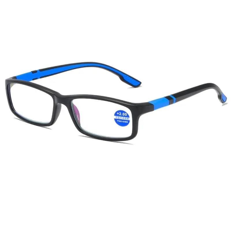 Unisex KLASSNUM sports anti-blue light reading glasses with black and red TR90 frame, suitable for men and women.